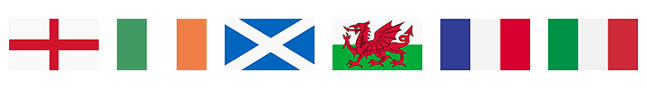 Six Nations Tournament flags - England, Ireland, Scotland, Wales, France and Italy.