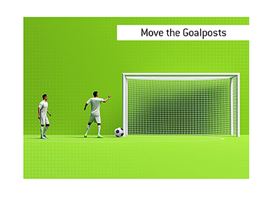 Two soccer players are baffled at the goalposts being moved mid game - Illustration.