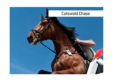 In photo: A horse mid-race jumping over a hurdle.  Bet on the Cotswold Chase race.  Event info.